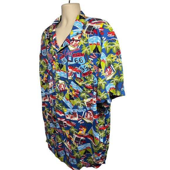 Hawaiian Retro Route 66 All Over Print Blue Vintage Button Up Shirt 3XL Pocket - Picture 3 of 9